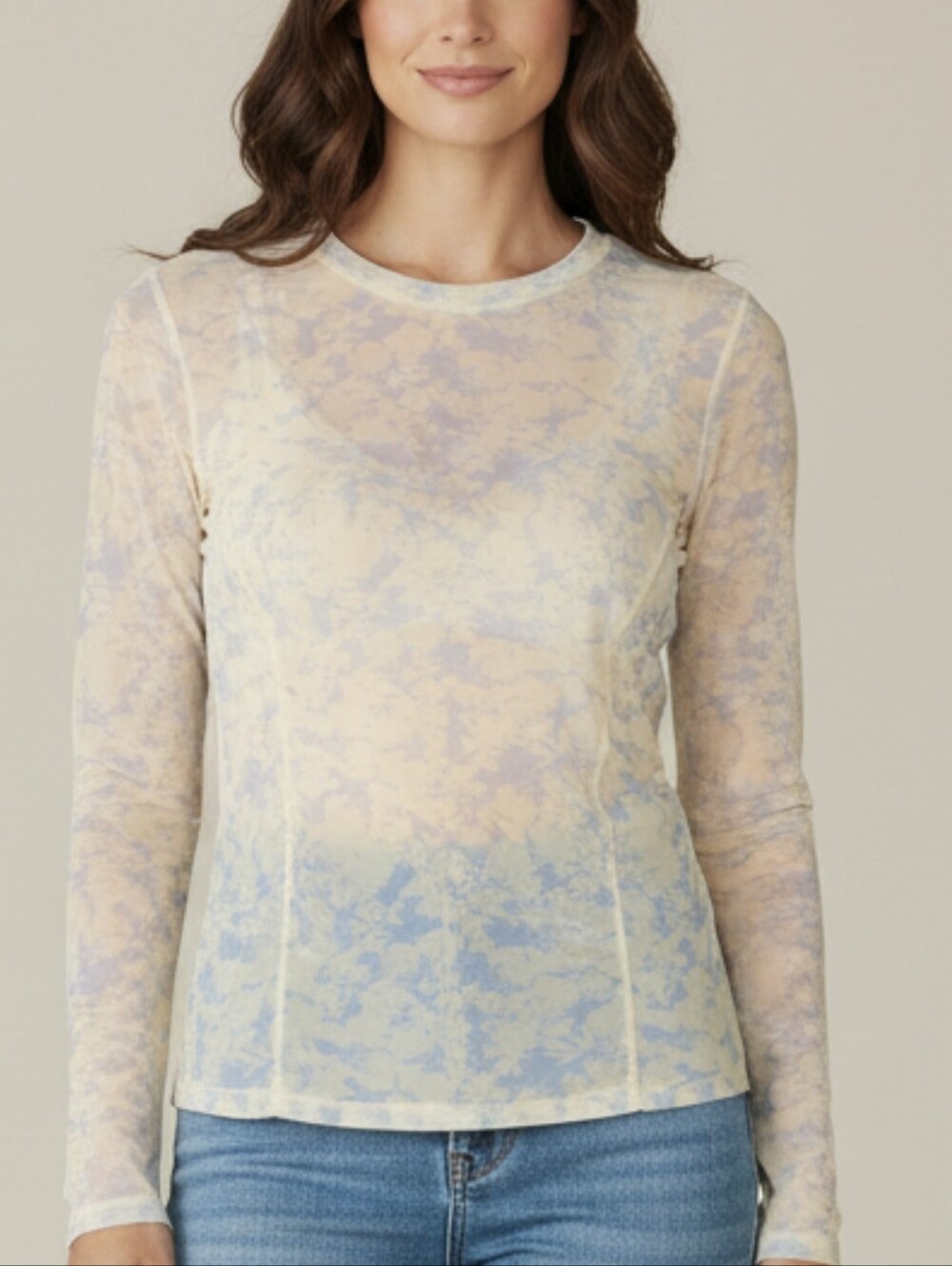 Free People Light Blue and Cream Cloud Print Long Sleeve Tee